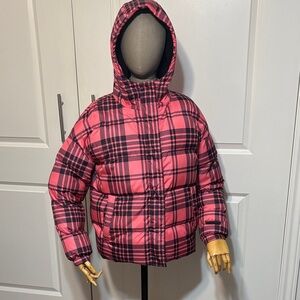 Juicy Couture Pink and Black Plaid Hooded Puffer Jacket